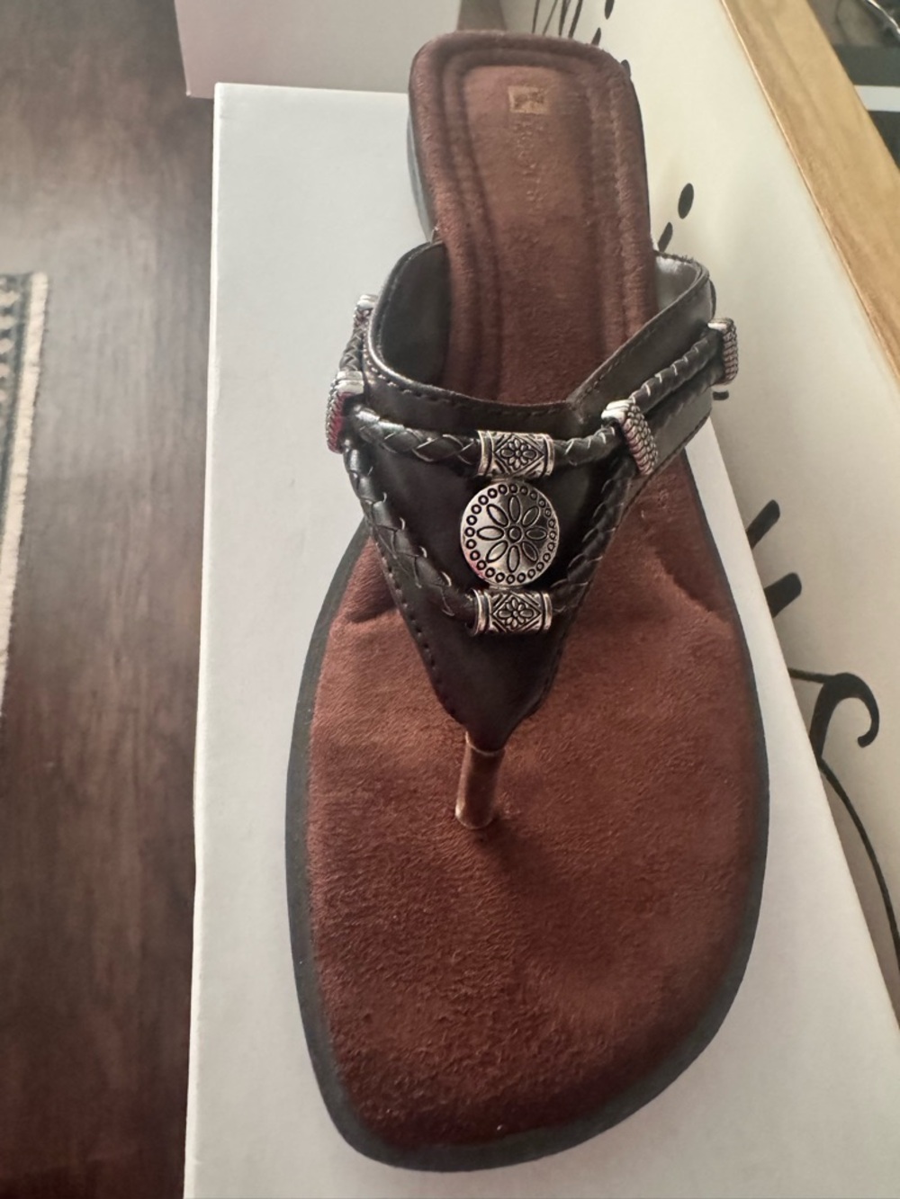 Brown Suede Thong Sandal with Silver Concho Accent